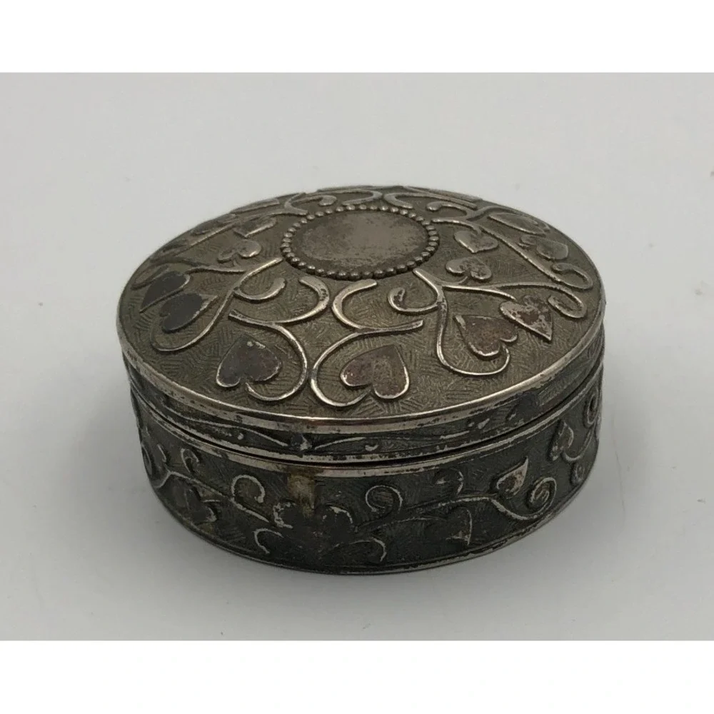 Vintage Silver Plate Round Repousse JEWELRY CASKET Lined Red Velvet BOX 3